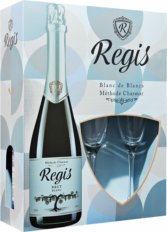 Игристое вино Regis Brut Blanc Erevаnskij Shаmpаjn Ginineri Gortsаrаn (gift box with 2 glasses) 2021 0.75 л