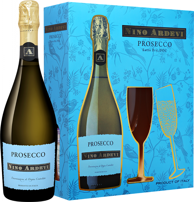 Игристое вино Nino Ardevi Prosecco DOC Extra Dry Progetti Agricoli (gift box with 2 glasses) 2020 0.75 л